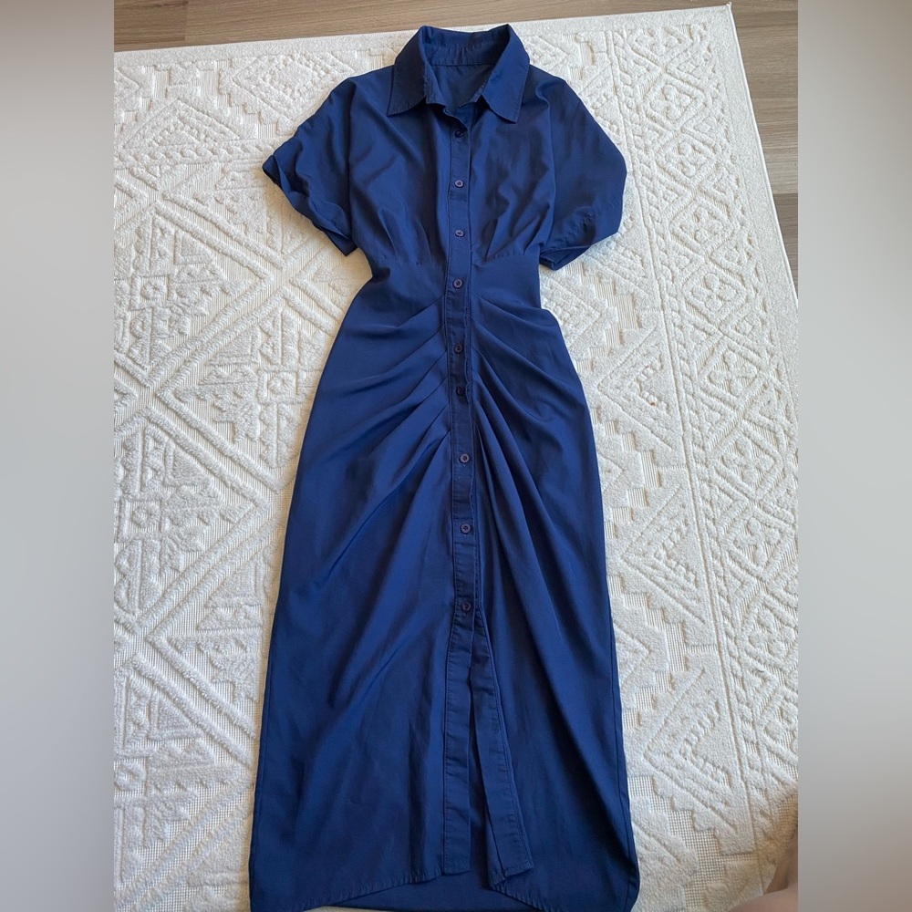 Classy Navy Cinched Ruffled Waist Short Sleeve Midi Dress